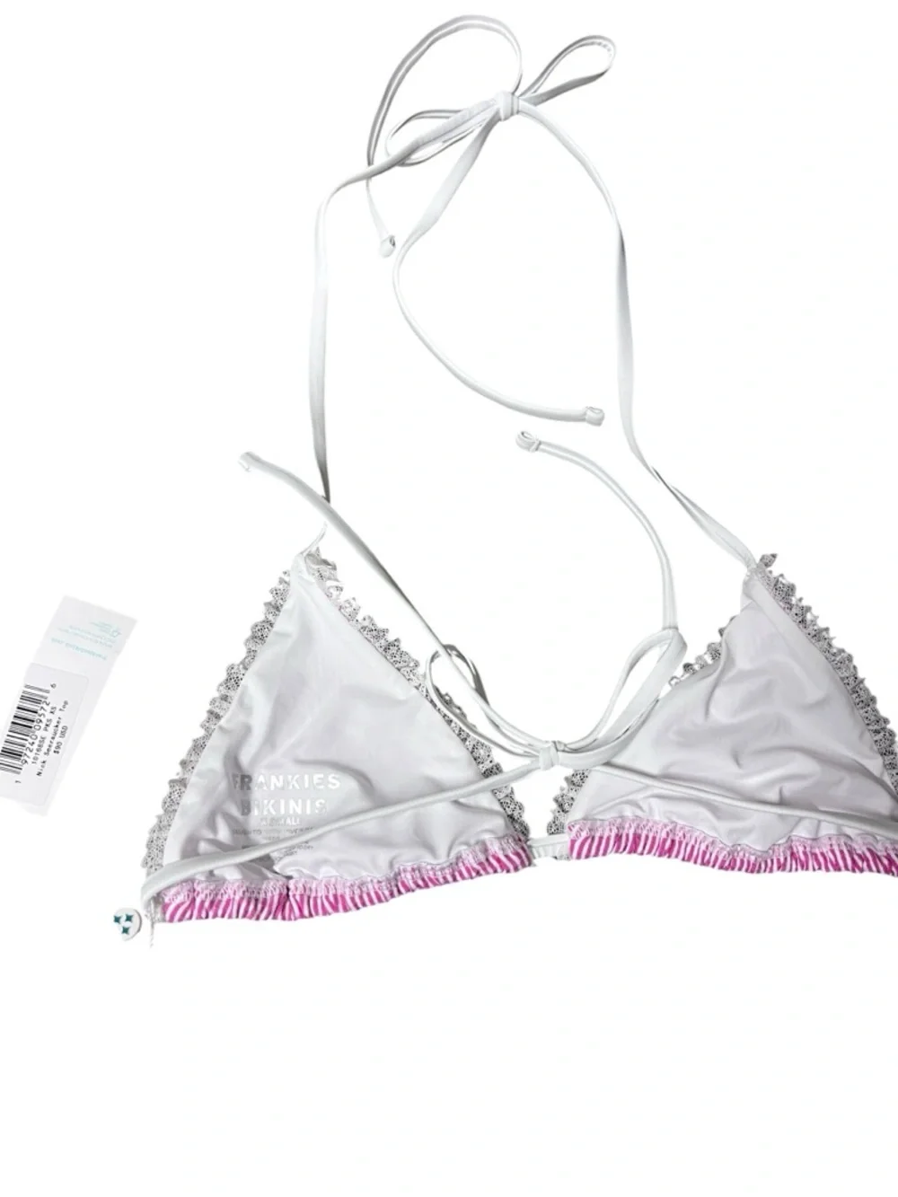 New Frankies Bikinis Pink Seersucker Triangle Bikini Top with White Ruffle Trim